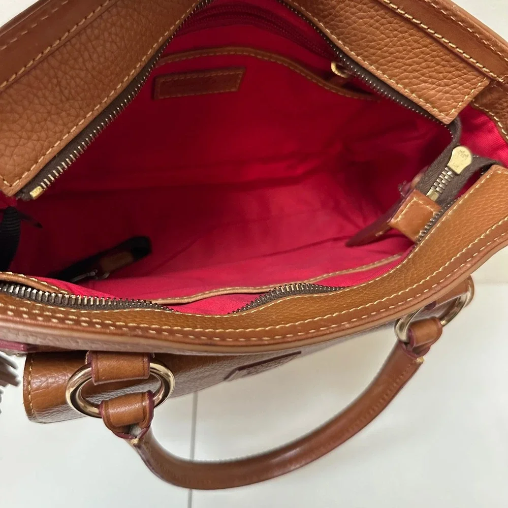 Dooney & Bourke Pebbled Leather Satchel Bag Ginger Tan Tassel Gold Hardware